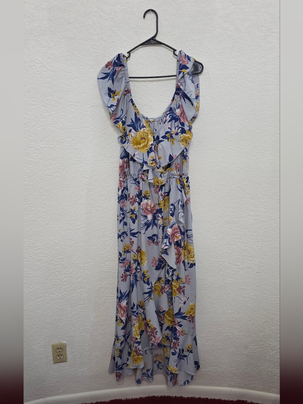 Floral Ruffle Maxi Dress  Light Gray with Yellow & Pink Flowers Indulge